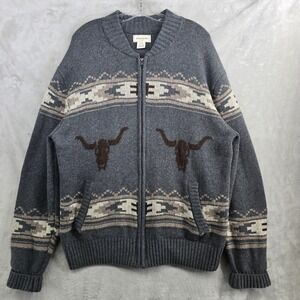 Stetson Mens XL Full Zip Longhorn cardigan Southwestern Wool blend Sweater Gray